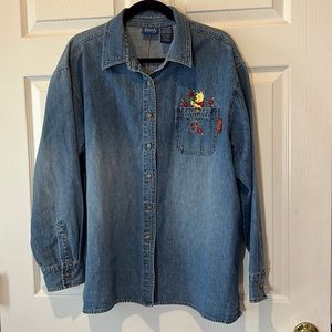 Vintage Disney Embroidered Winnie‎ the Pooh Denim Long Sleeve Shirt, Sz XL